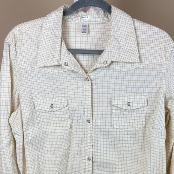 Old Navy Cream/Gold Shimmer Patterned Western Long Sleeve "Perfect Fit" Shirt - Picture 2 of 10